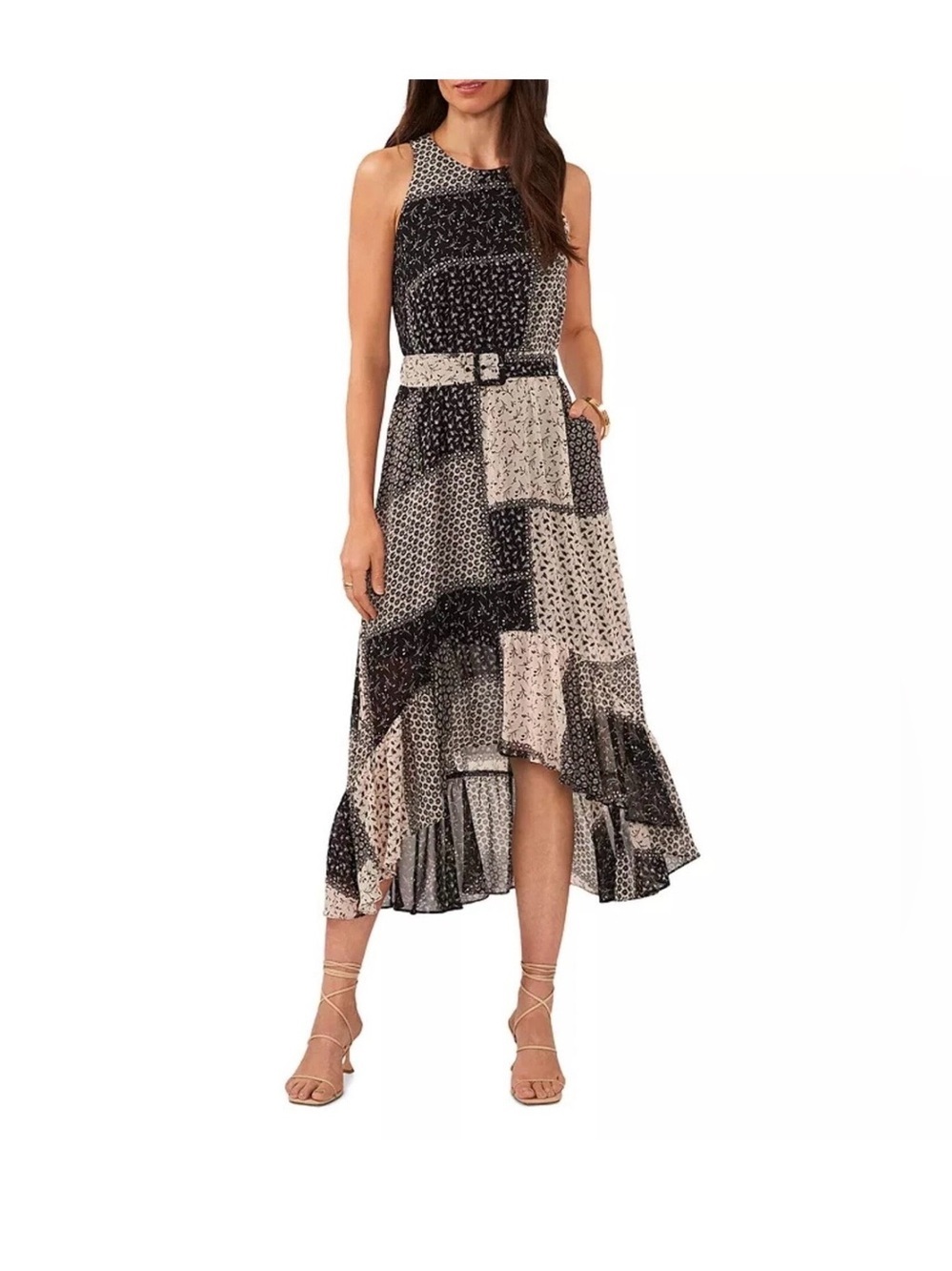 1 state Sleeveless Black & Cream Patchwork High-Low Midi Dress with Belt